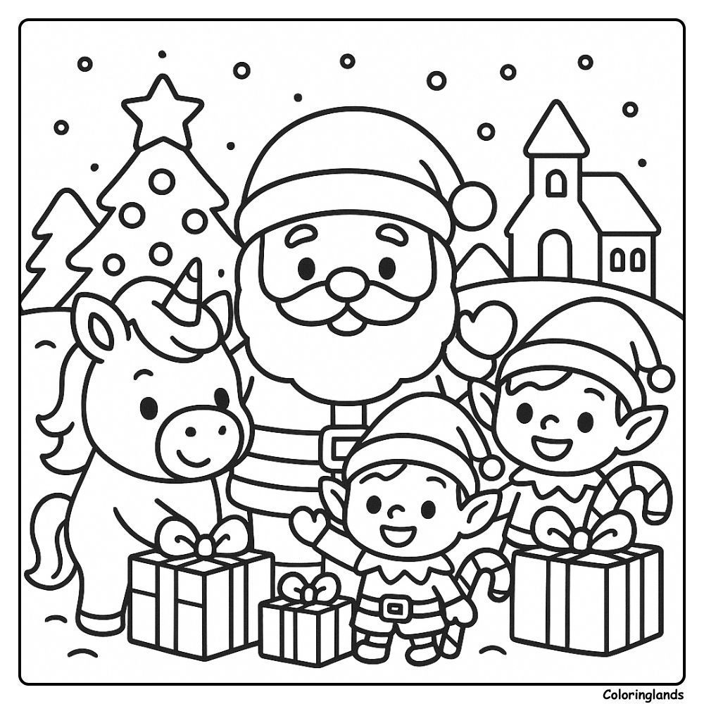 Festive coloring image of Santa elves and a unicorn with gifts