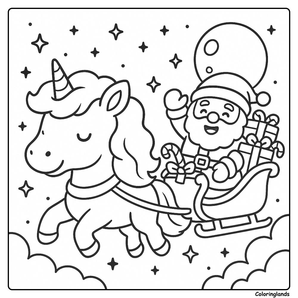 Santa rides a sleigh led by a unicorn on a starry night