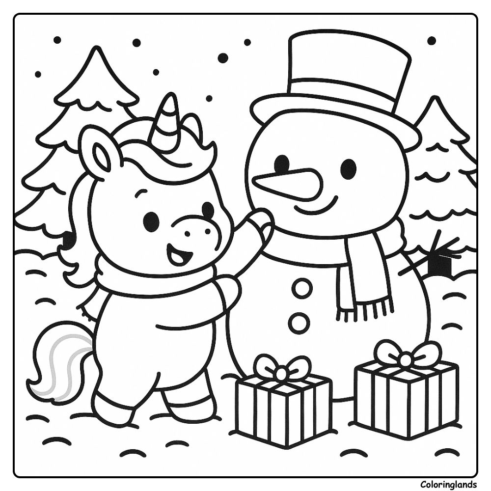 Winter coloring picture of unicorn and snowman with boxes