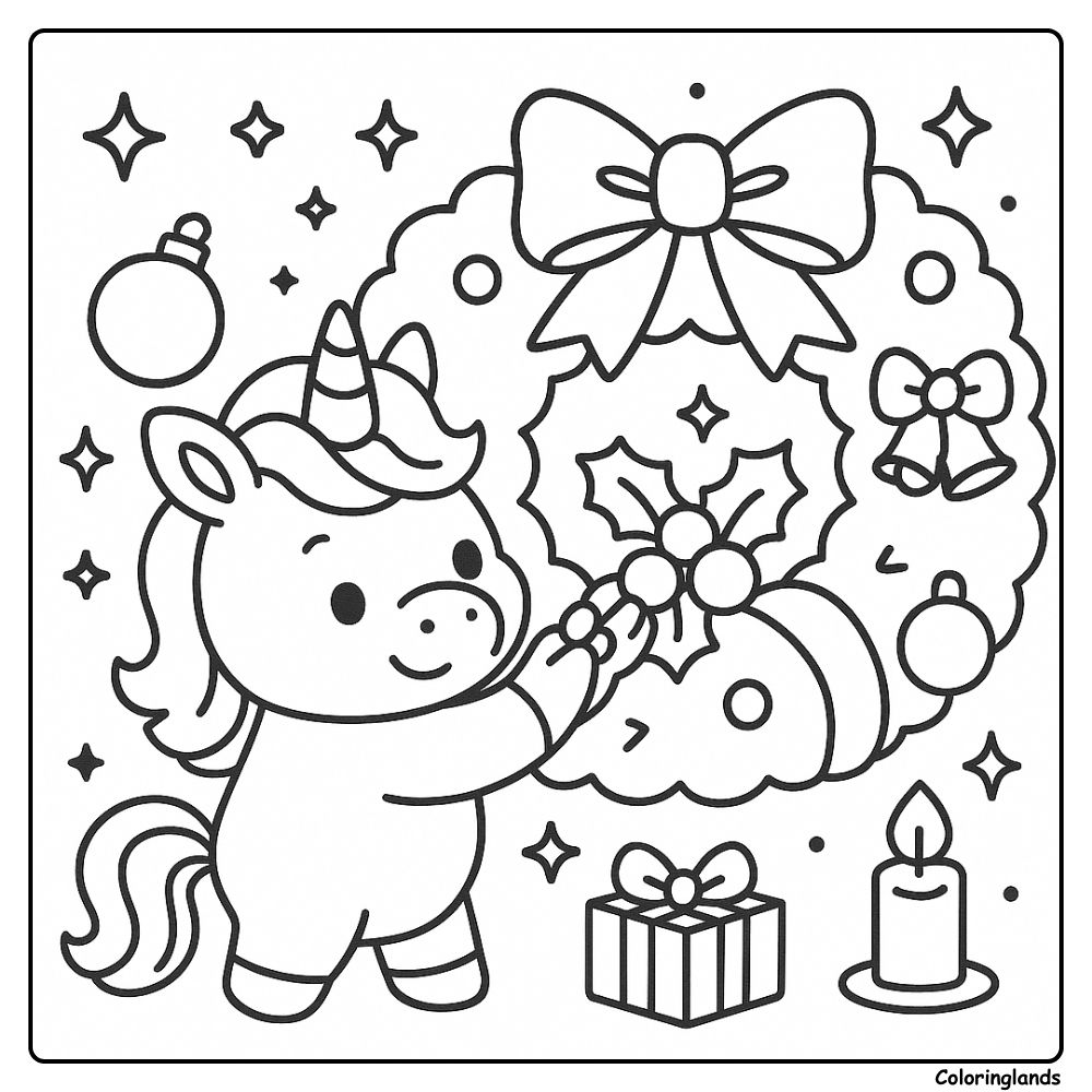 Unicorn decorating a holiday wreath with bows and holly