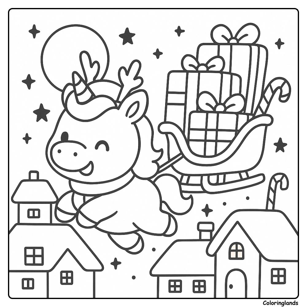 Unicorn flies with sleigh full of presents above snowy town