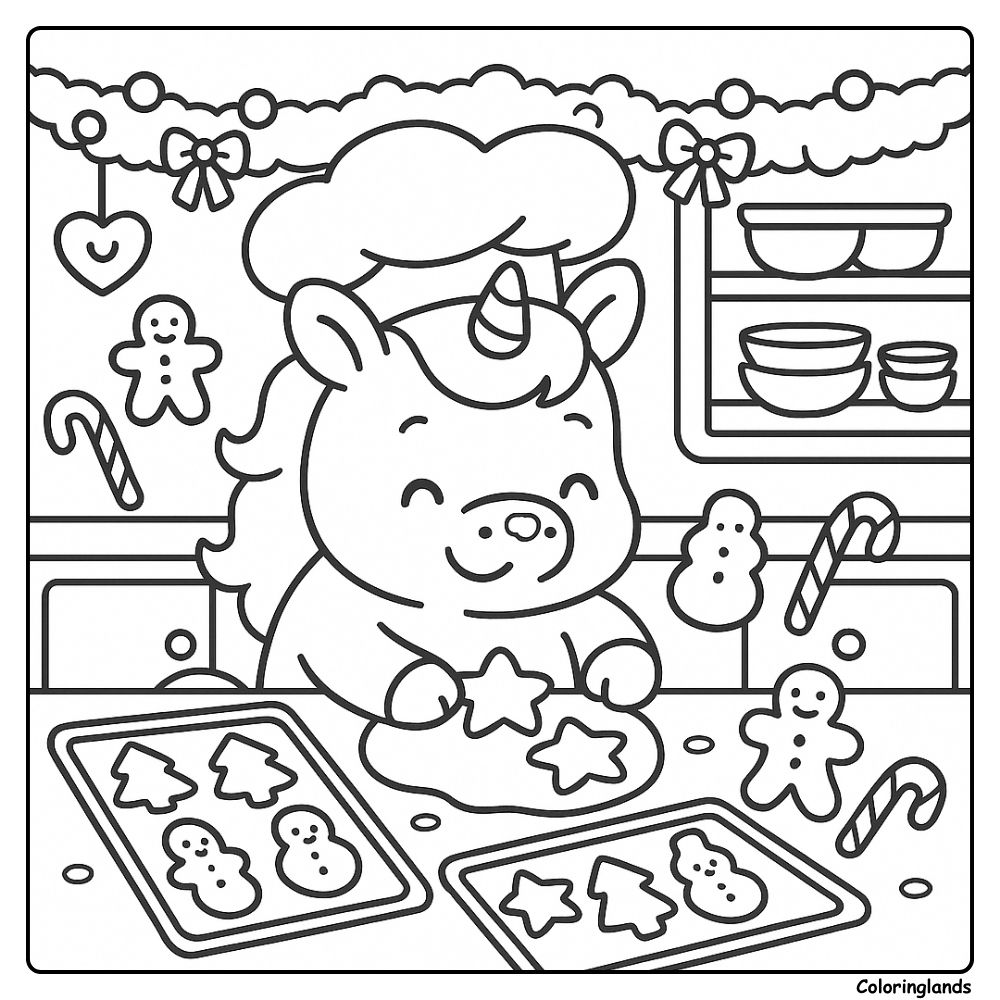 Unicorn baking cookies surrounded by candy canes and trays