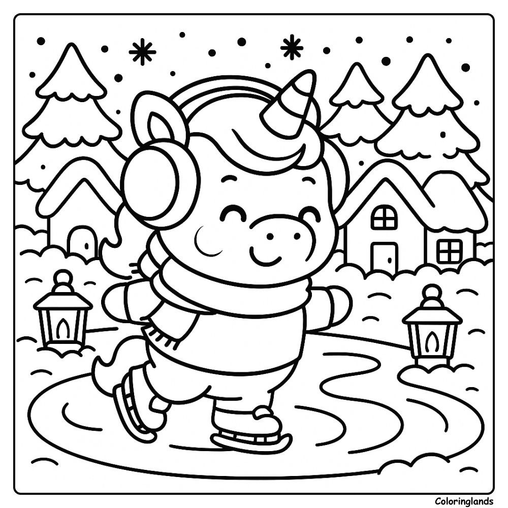 Unicorn ice skating near lanterns and winter cottages