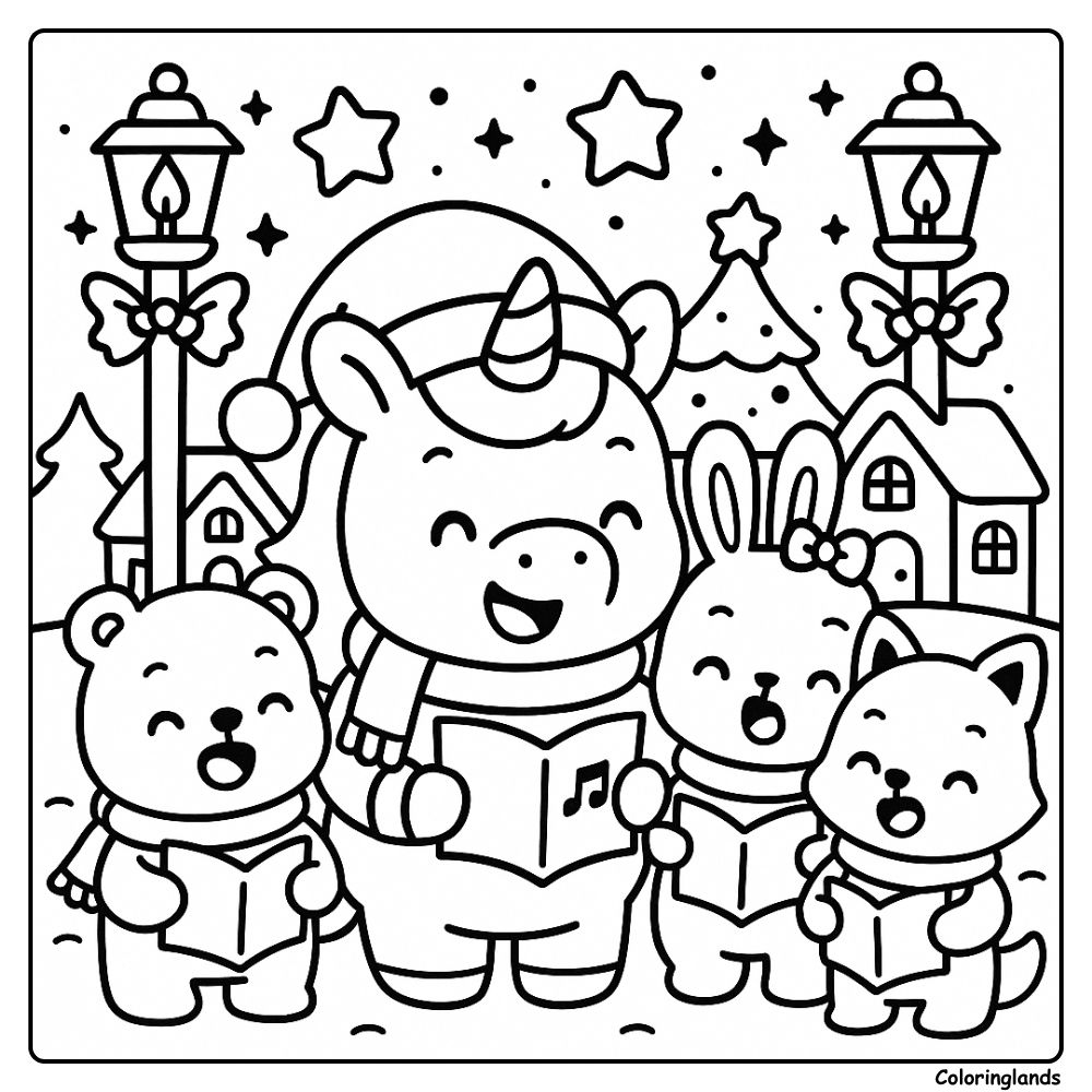 Unicorn caroling with bear, bunny, and fox on winter night