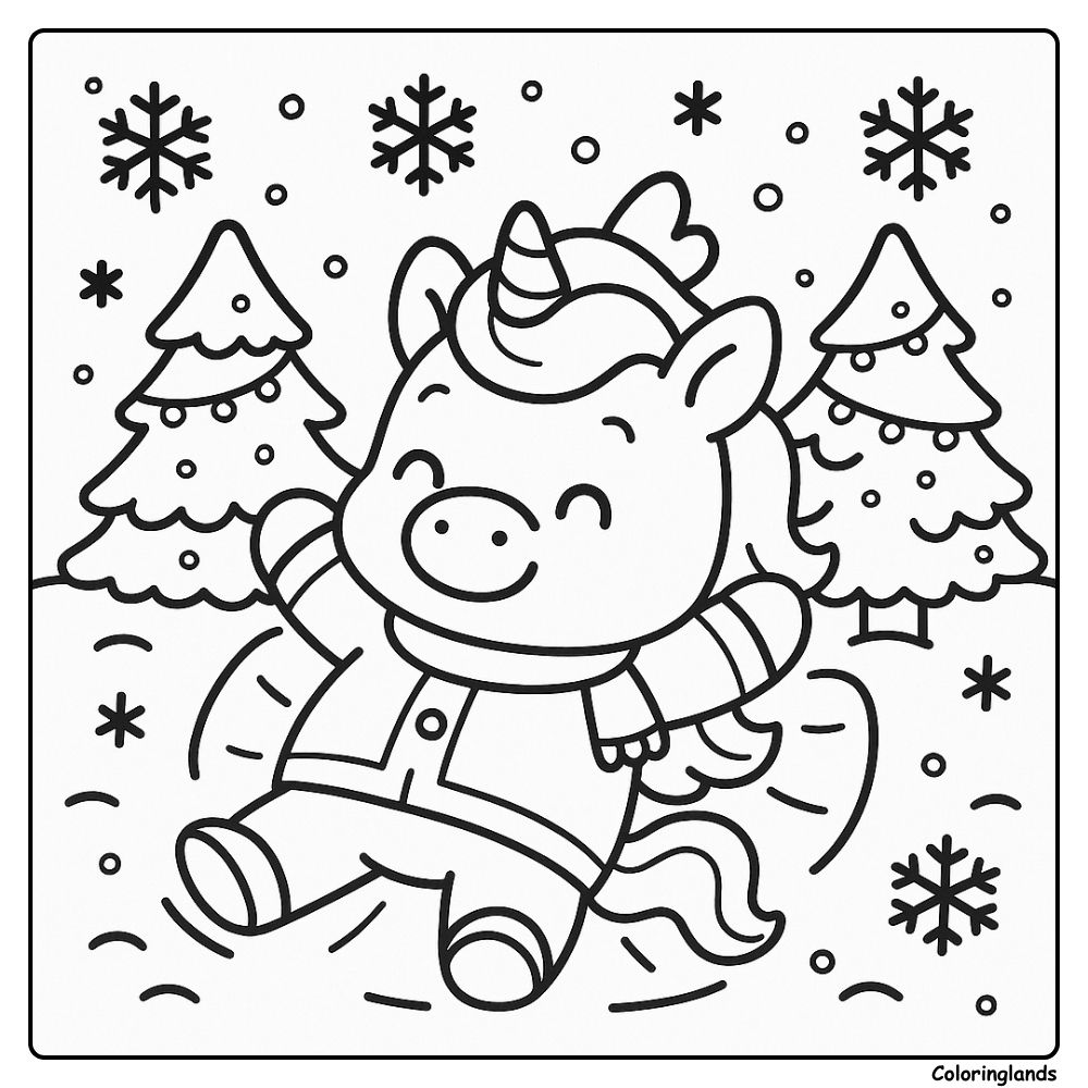 Unicorn plays in snowy forest with falling snowflakes