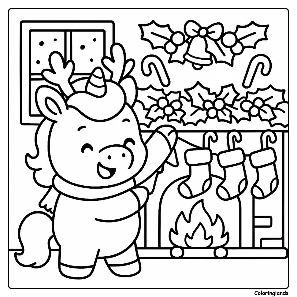 Printable art of a unicorn decorating a warm fireplace