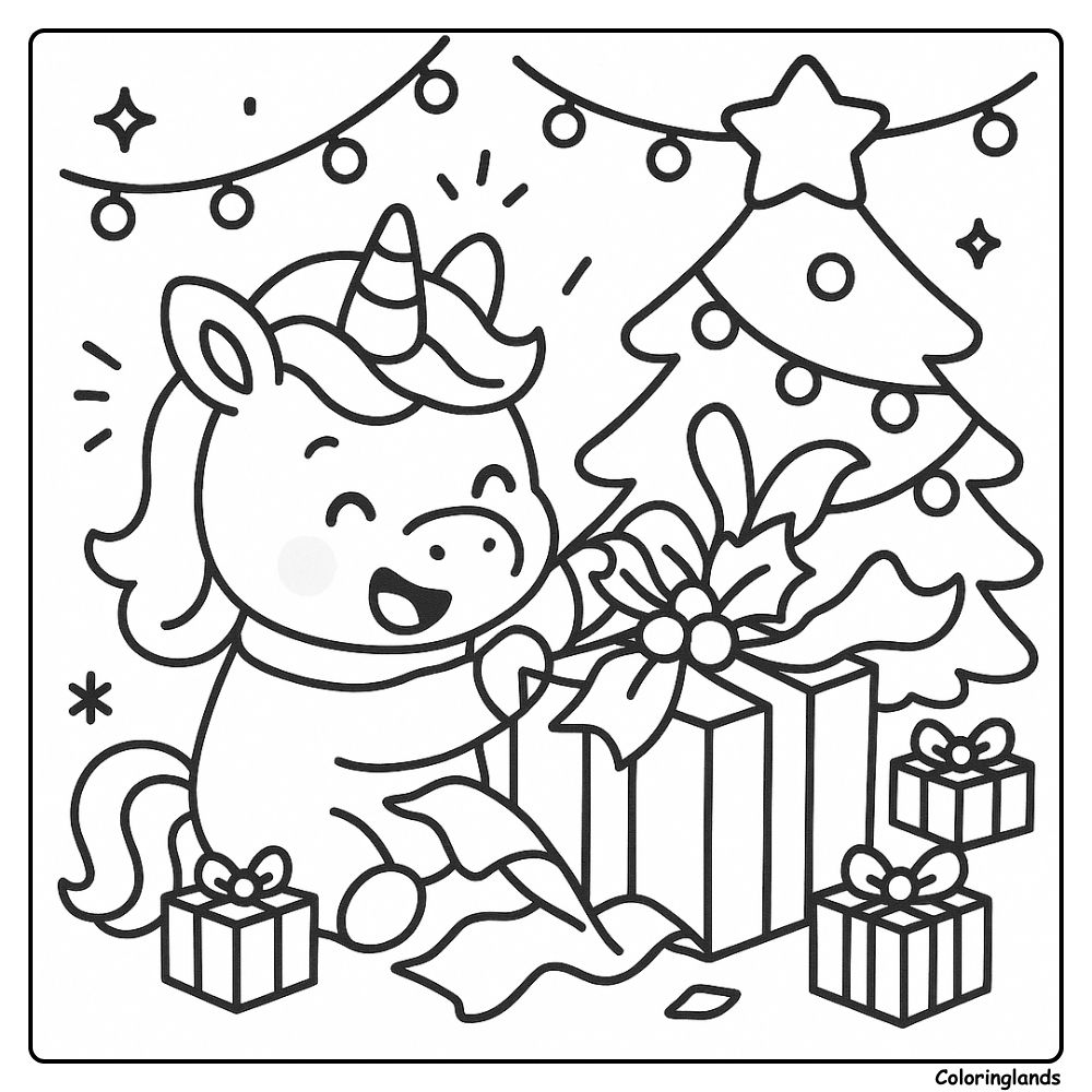 Gift opening scene for a festive unicorn coloring picture