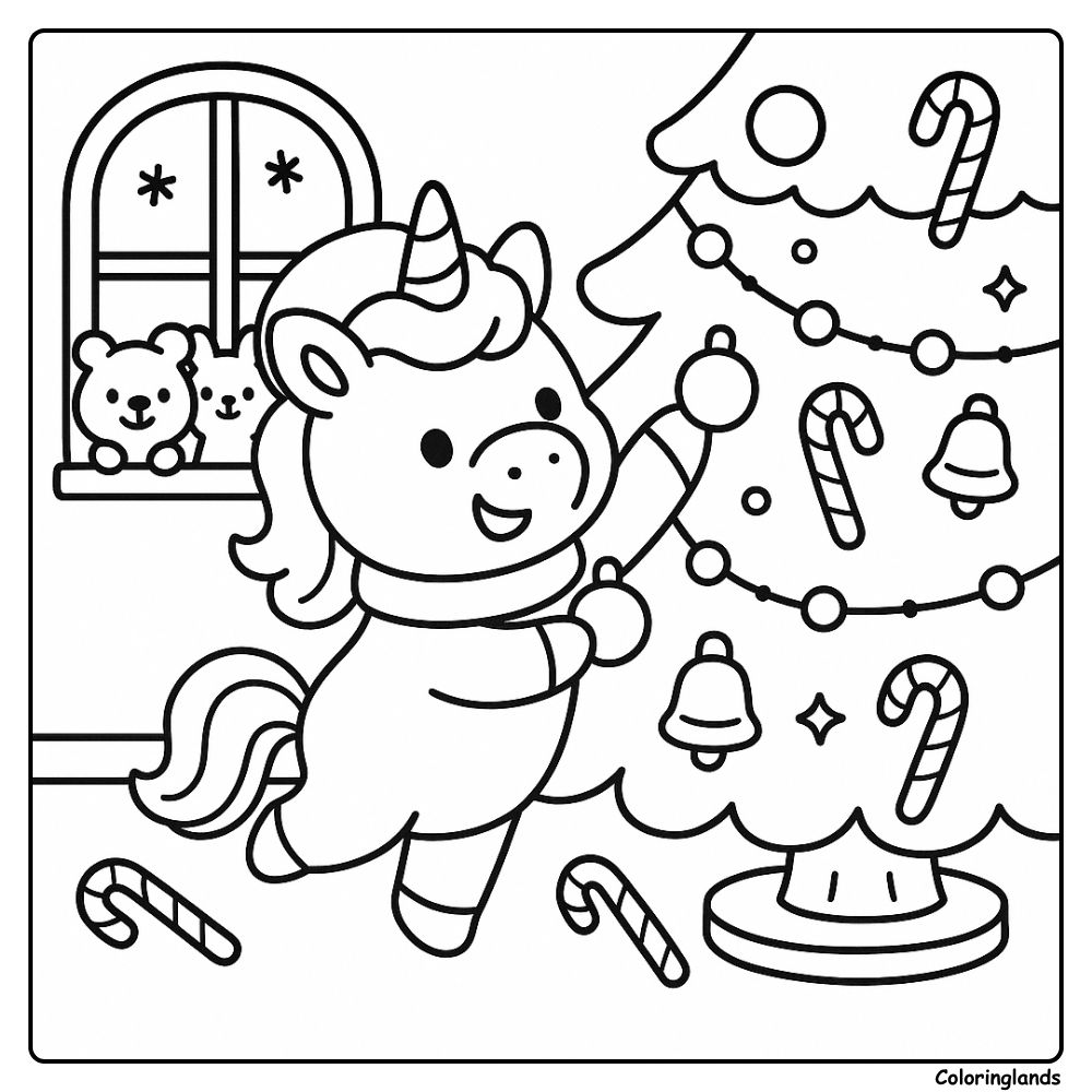 Unicorn hanging ornaments on Christmas tree with candy canes