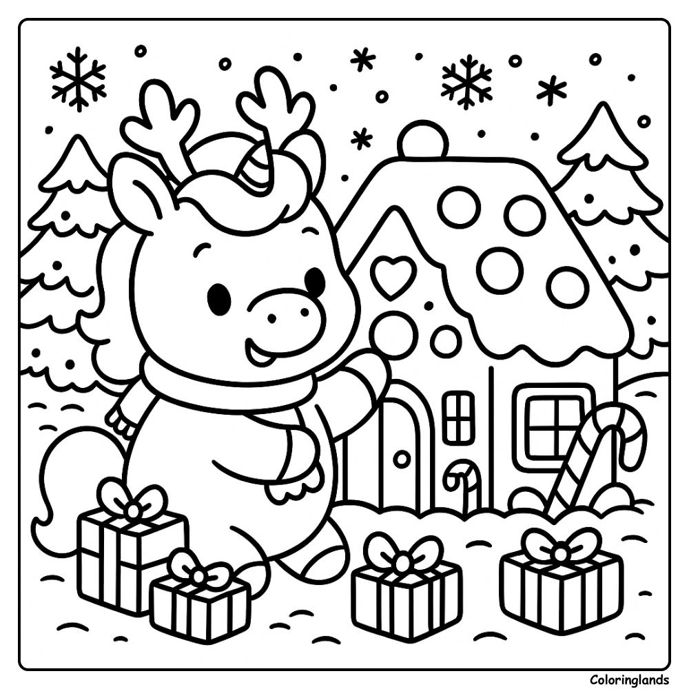 Holiday unicorn by gingerbread home with presents in snow