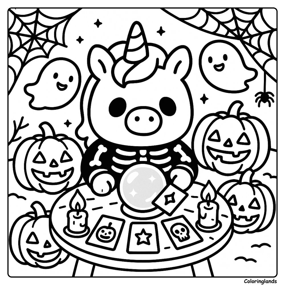 Unicorn in skeleton suit with ghosts, candles, and webs