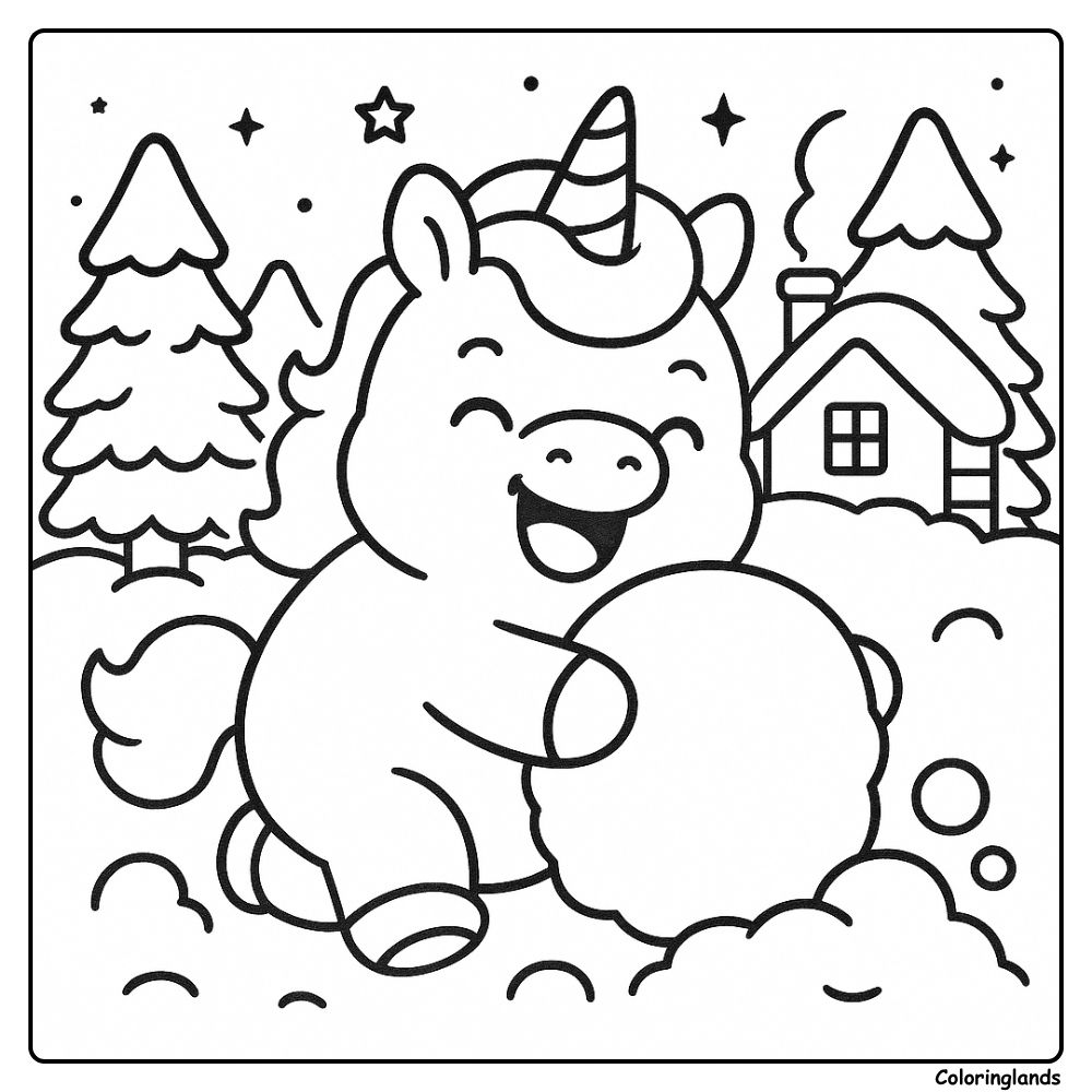 Cute winter unicorn with snowball near a cozy cabin