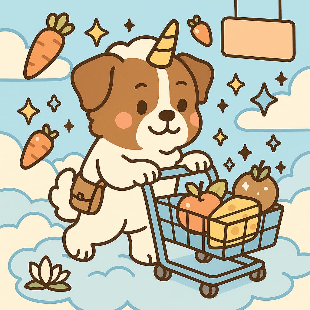Grocery trip unicorn dog coloring picture in the sky