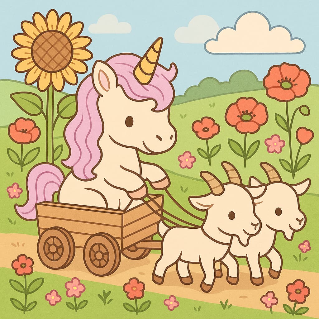 Country cart adventure coloring image with goats and flowers