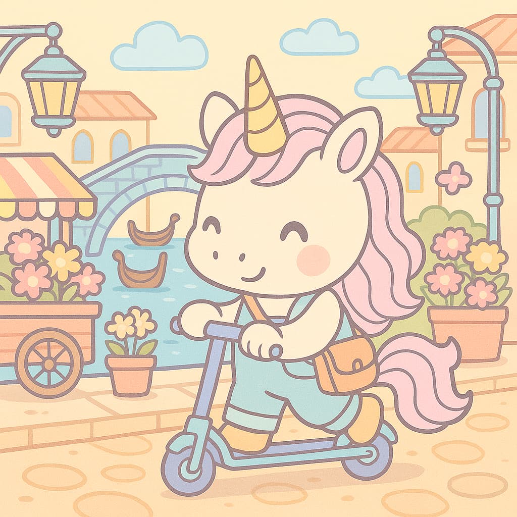 Canal town scooter scene coloring picture with blooms