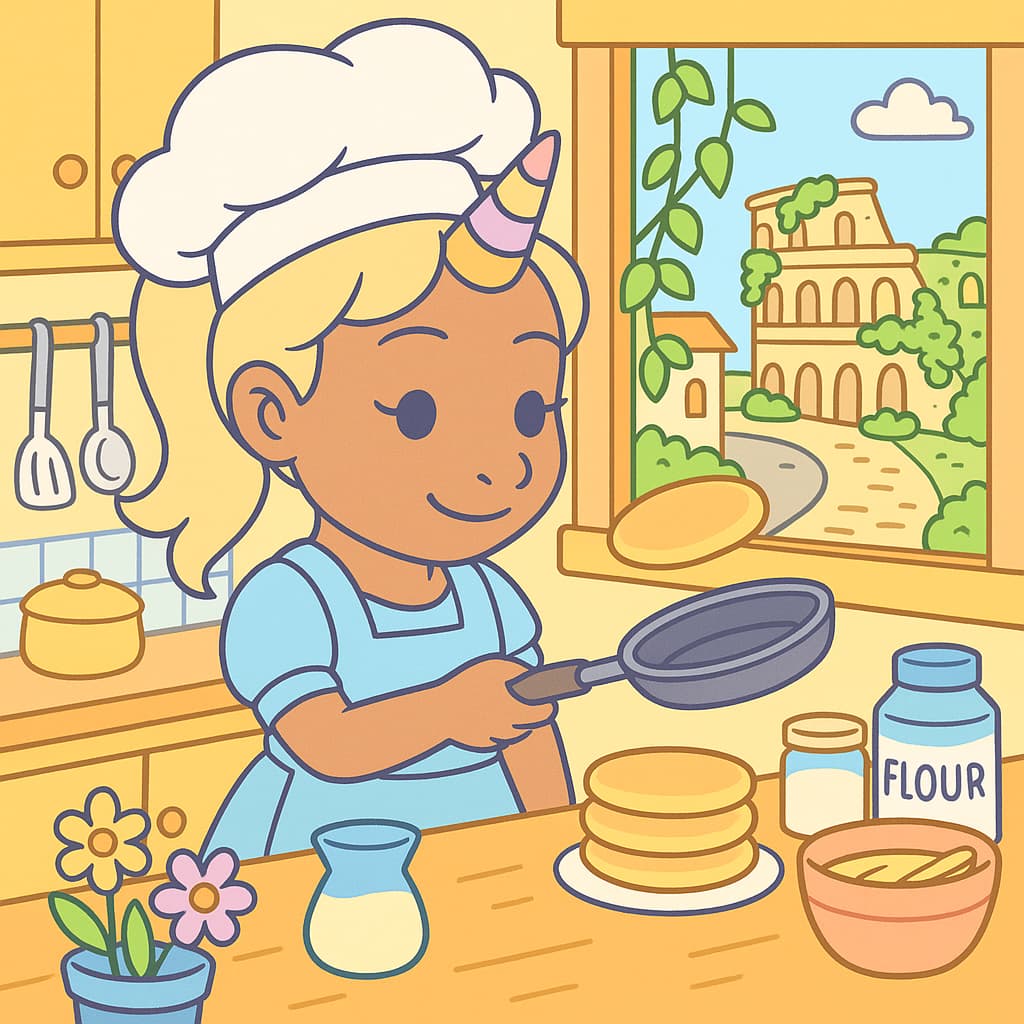 Sweet breakfast coloring picture with Rome skyline window