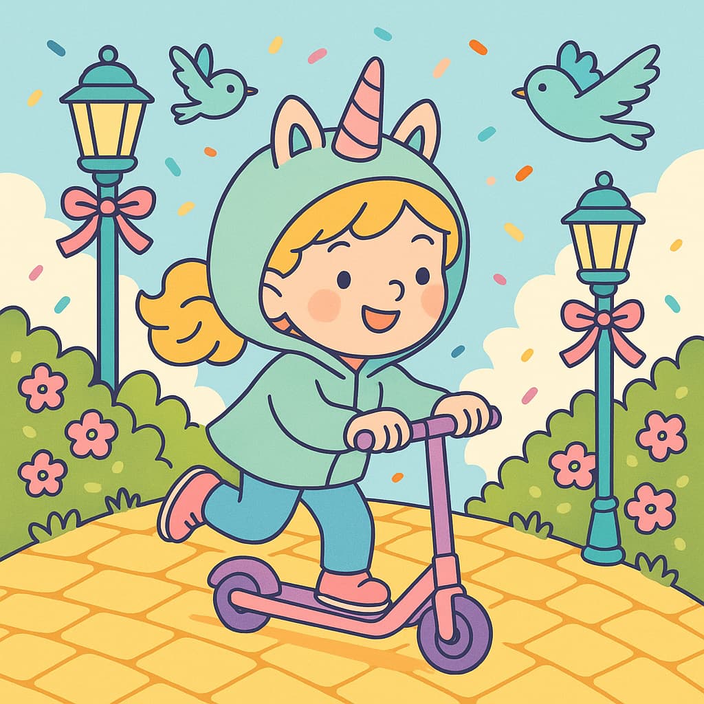 Playful scooter scene coloring idea with pastel park birds