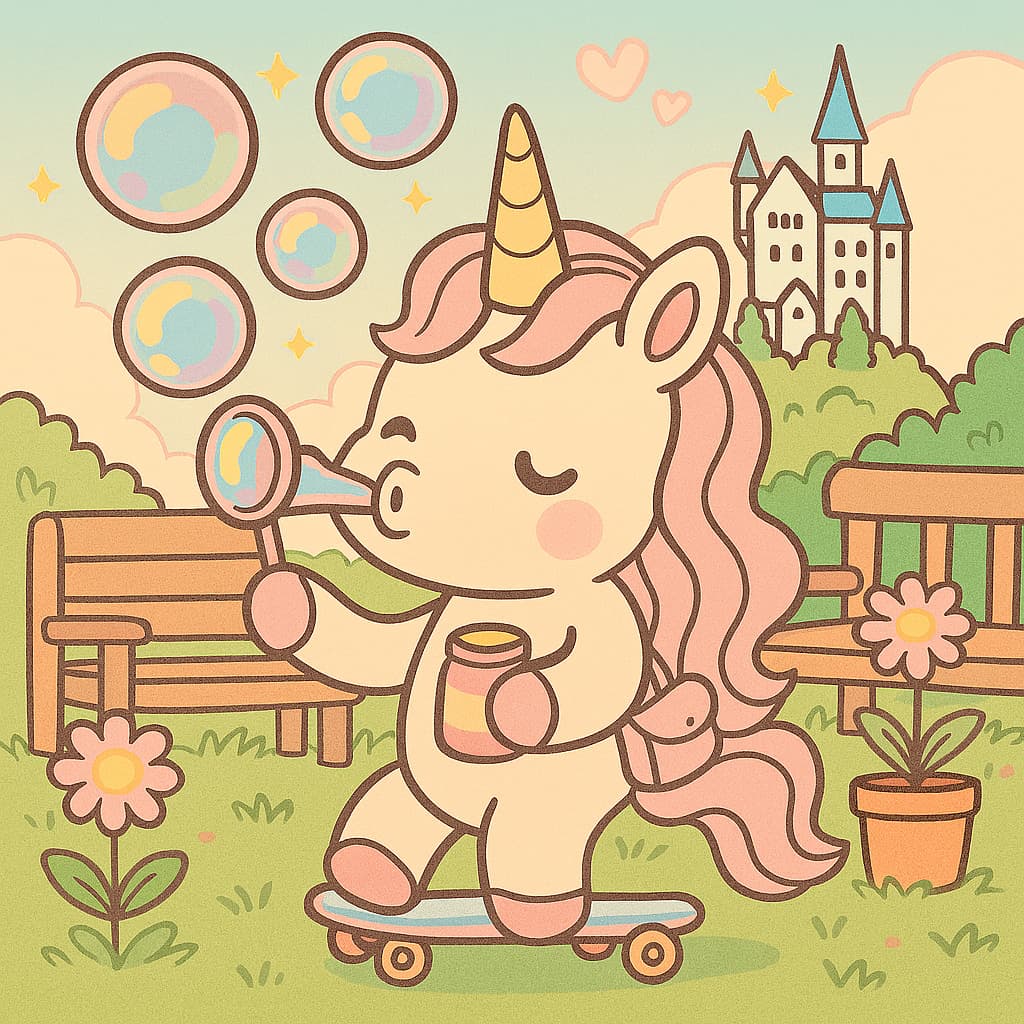 Playful bubble scene coloring image with bench and castle
