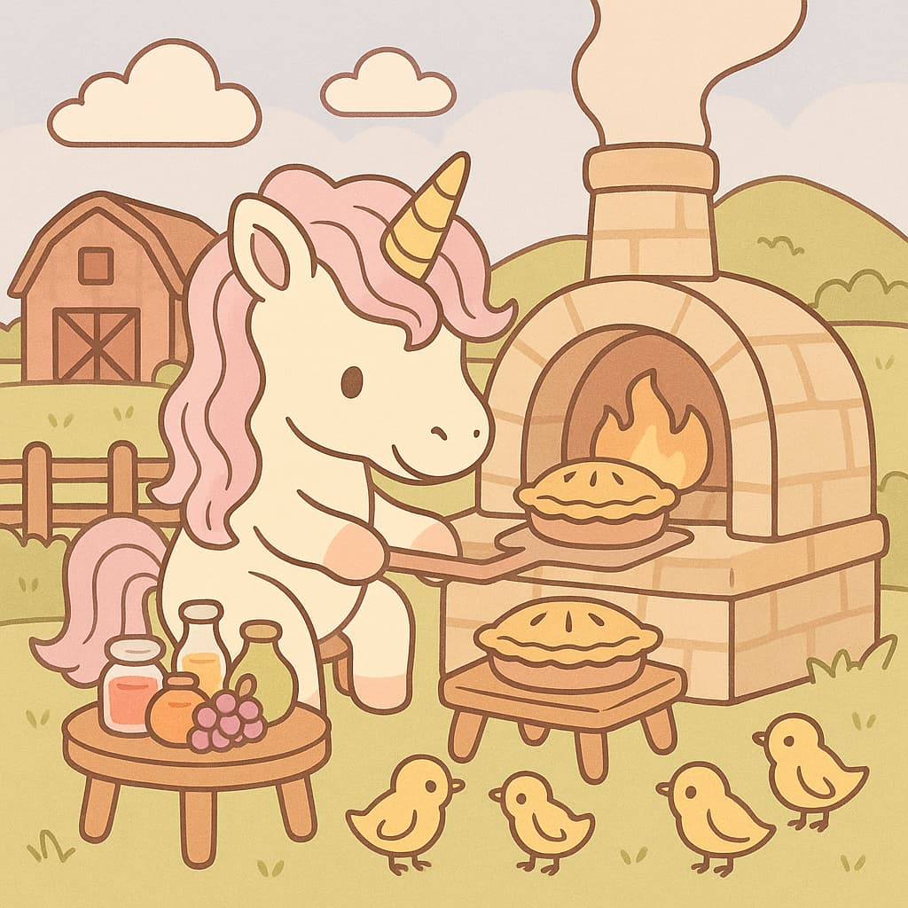 Farm bake day coloring picture with oven pies and barn