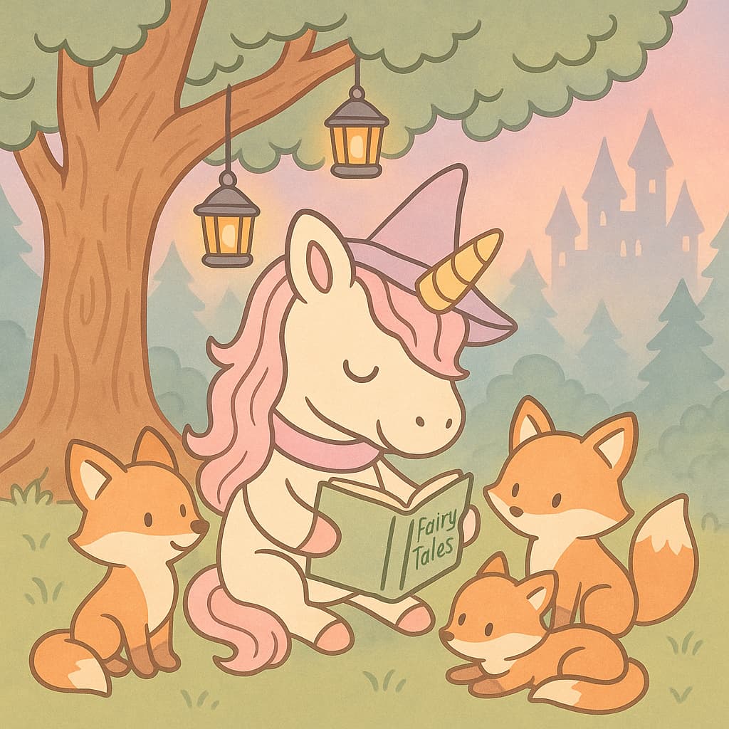 Forest storytime coloring image with foxes and lanterns