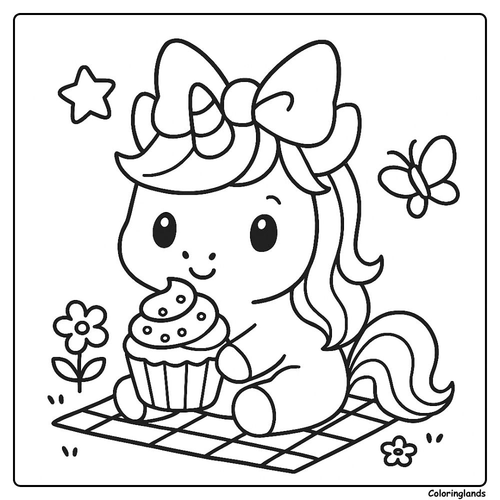 Cute picnic unicorn coloring image with cupcake and bow
