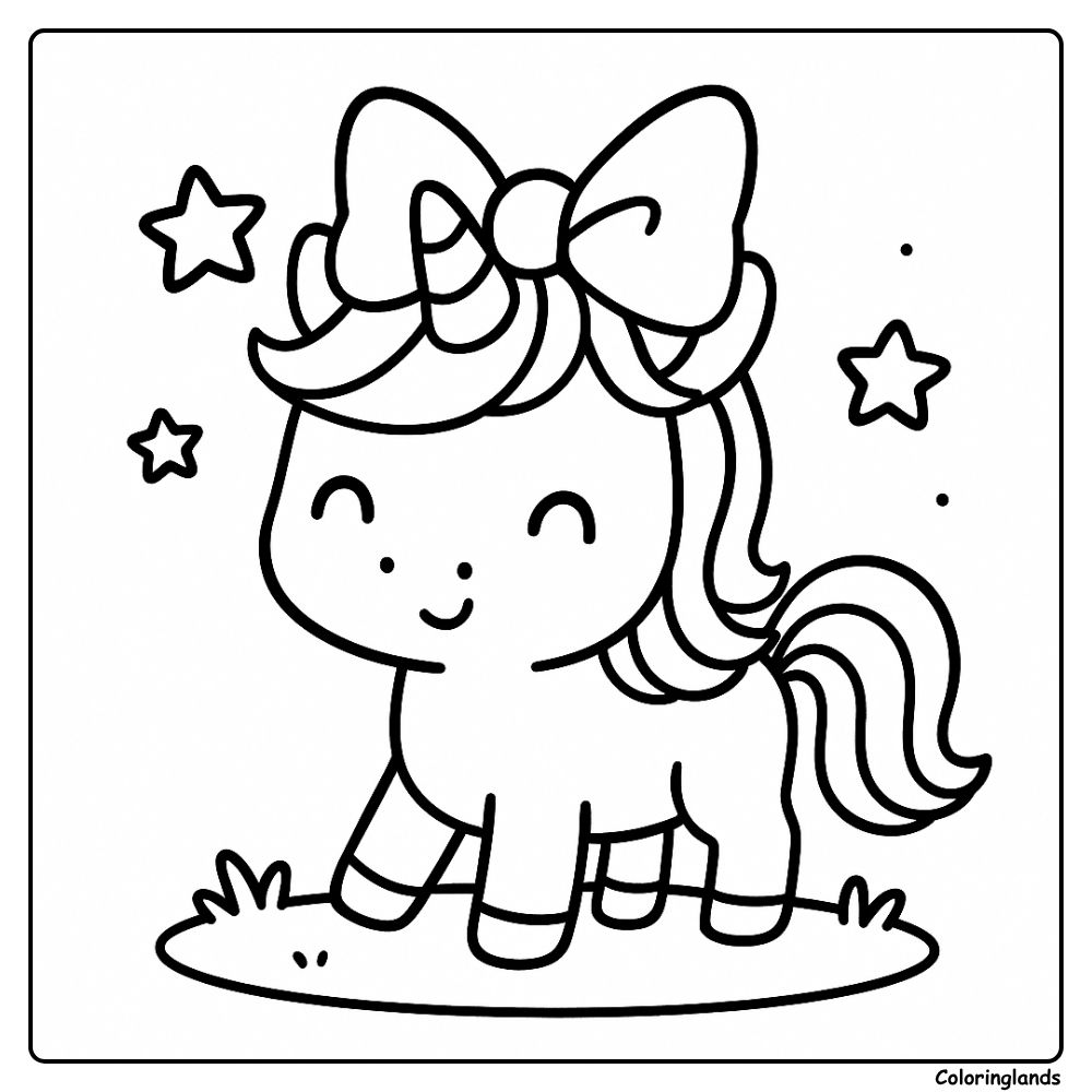 Star scene unicorn coloring image with ribbon and soft grass