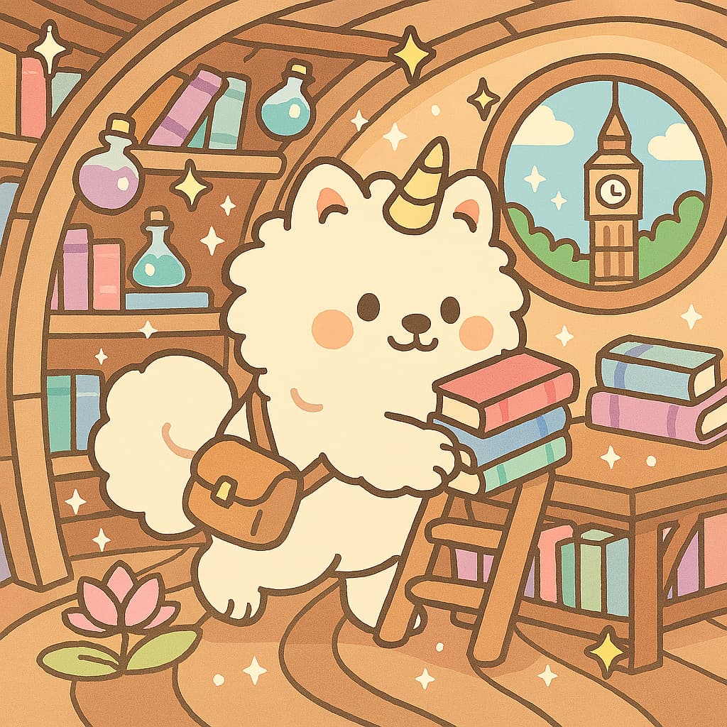 Library scene unicorn dog coloring image with Big Ben