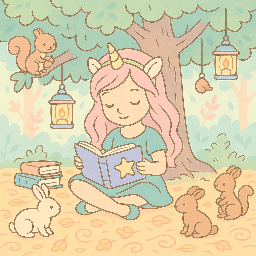 Forest reading time coloring image with rabbits and lights