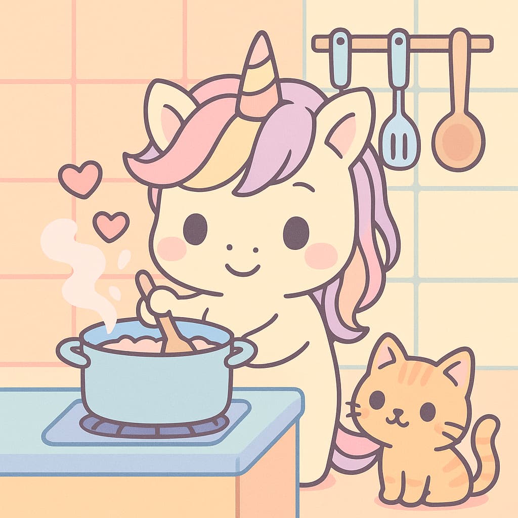 Homey coloring image of unicorn stirring soup beside cat