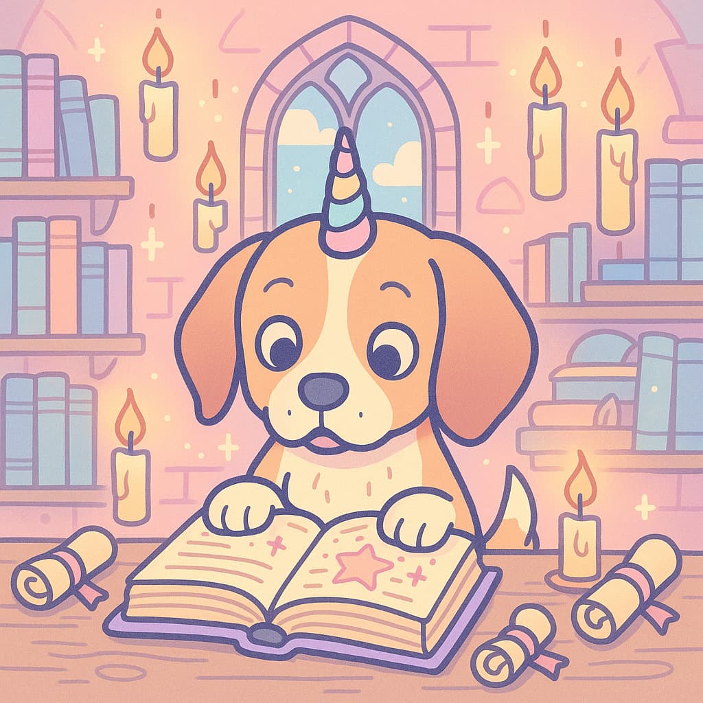 Magic reading time coloring picture of a unicorn pup