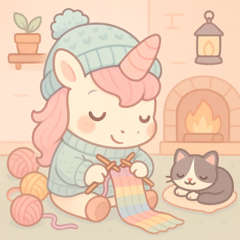 Homey coloring image of unicorn knitting near a fire
