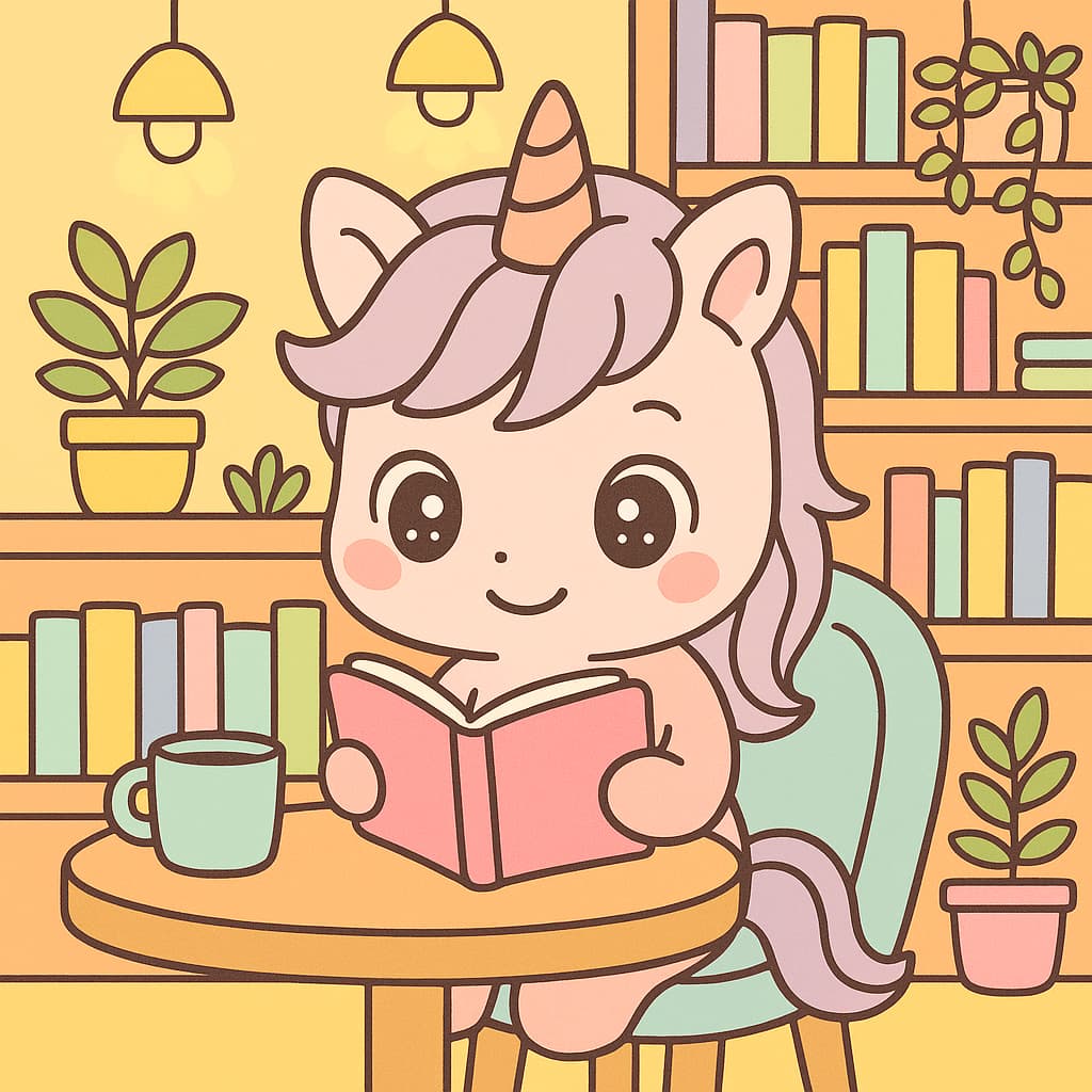 Cute unicorn reading at café, charming coloring picture