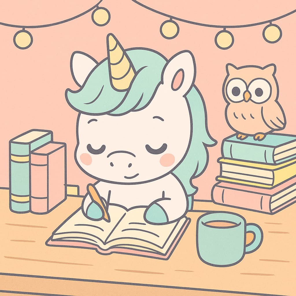 Cute study scene coloring image of books, mug, and notes