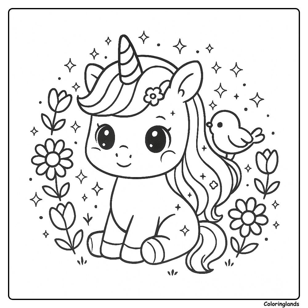 Unicorn with flowers and bird coloring picture for fun