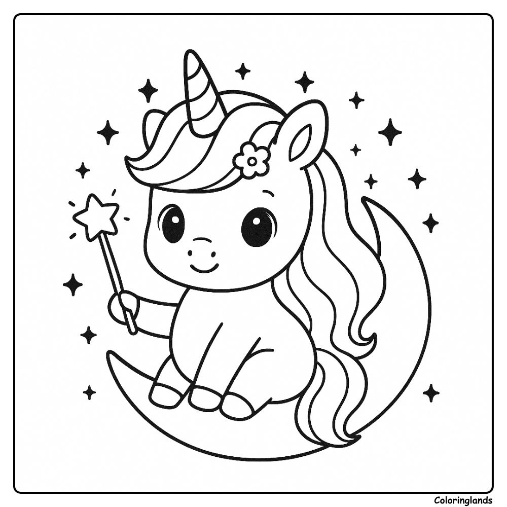 Crescent moon unicorn coloring image with twinkling stars