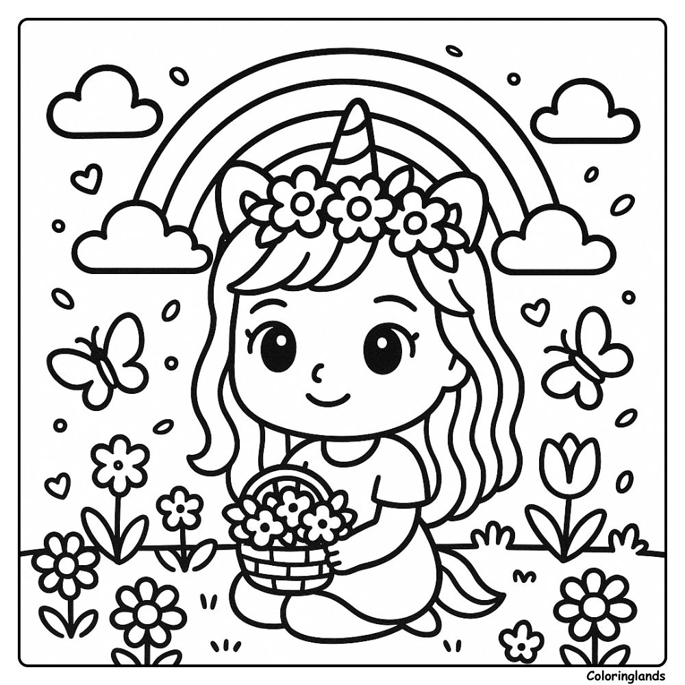 Unicorn girl in a flower field coloring picture for kids