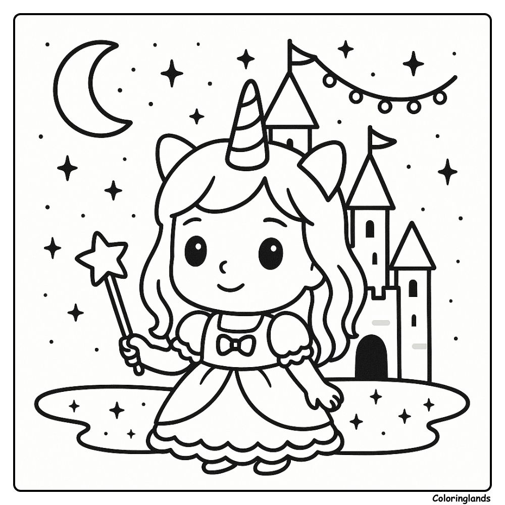 Unicorn baker with a tray of cupcakes coloring picture