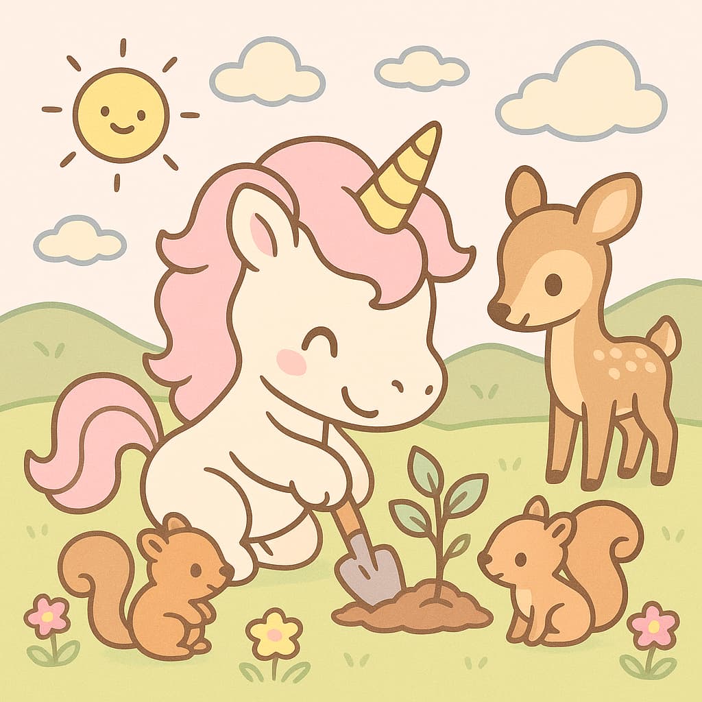 Nature coloring image with deer, squirrels, and fresh soil