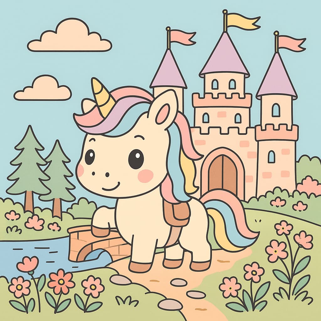Storybook coloring image of castle, flowers, and stream