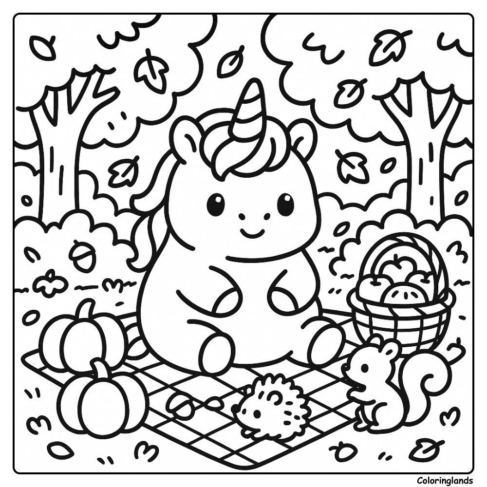 Chubby unicorn picnics among leaves pumpkins and buddies