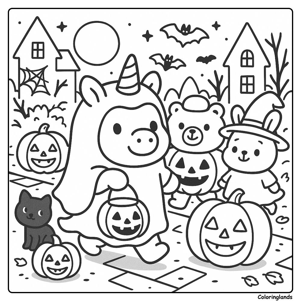 Round unicorn trick or treats with pals and lantern pumpkins