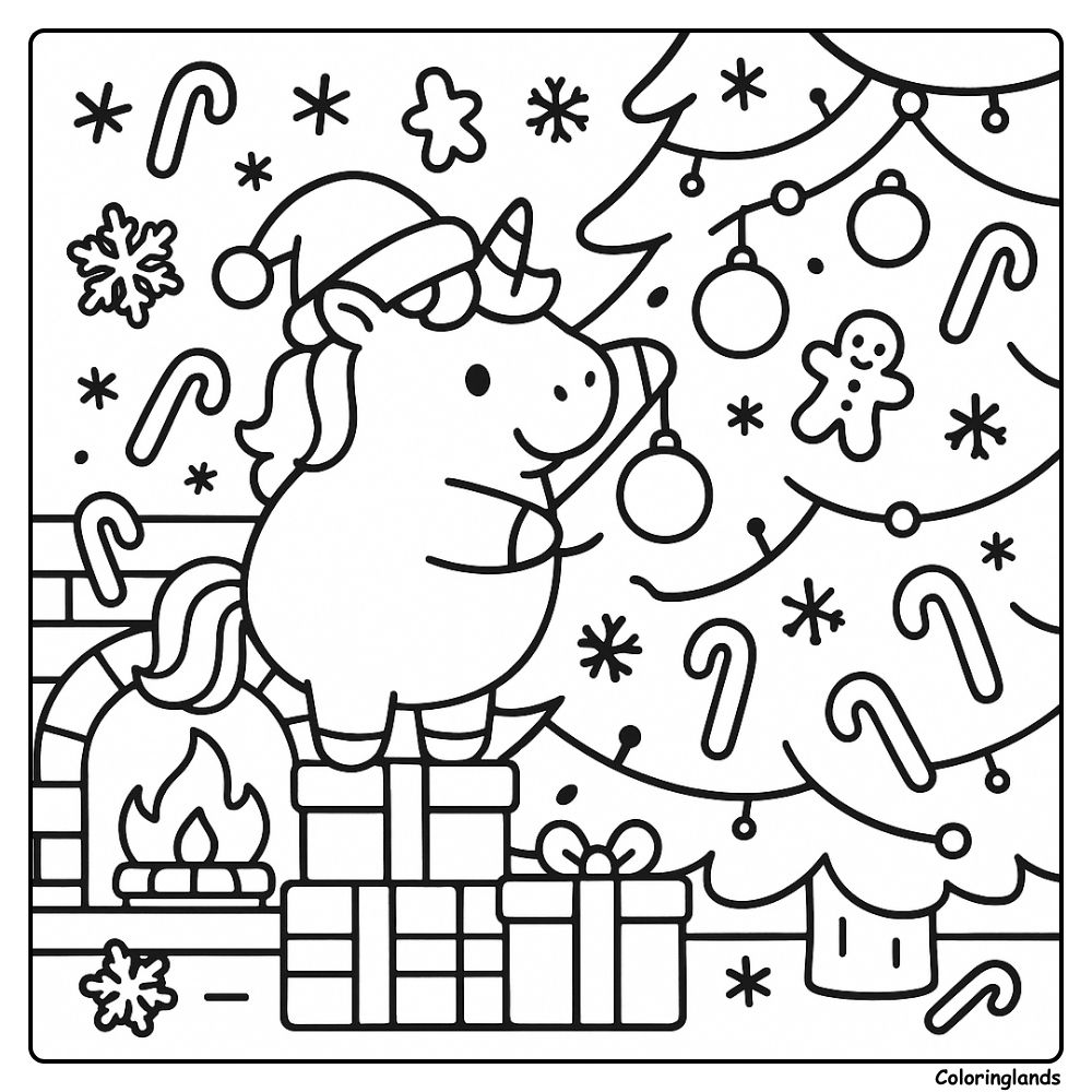 Plump unicorn in Santa cap by gifts and a glowing tree