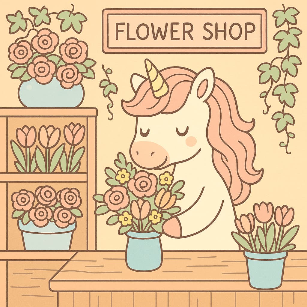 Florist unicorn coloring image with vases, ivy, and signs