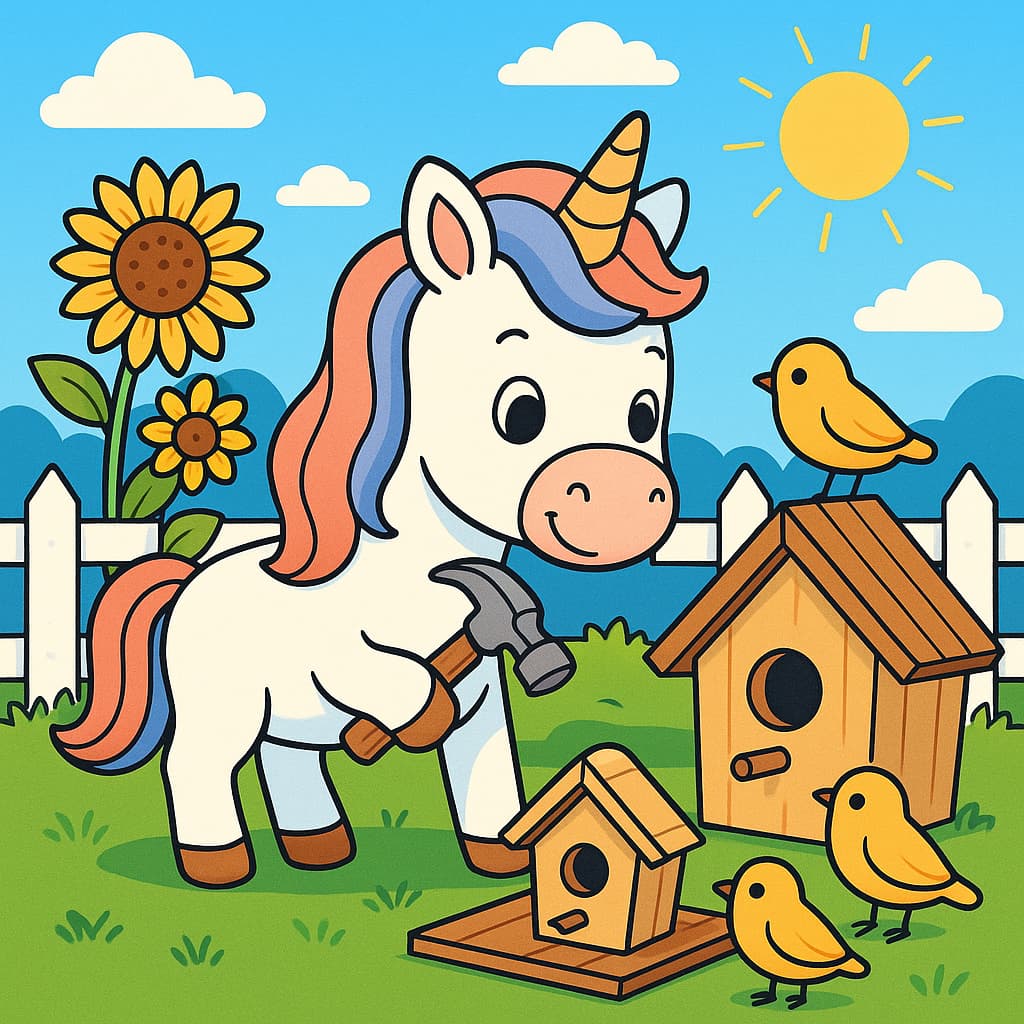 Sunny yard coloring picture of unicorn and birdhouses