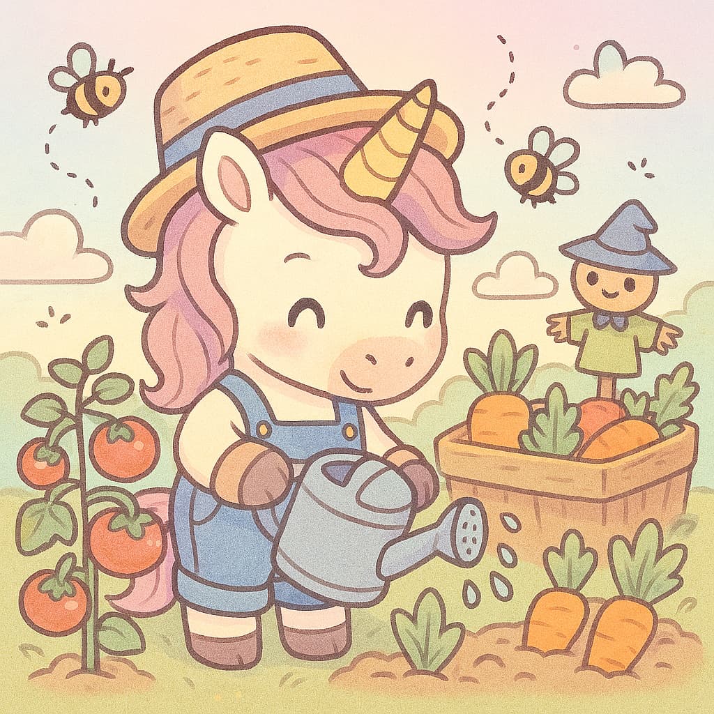 Farmyard coloring picture with watering can and veggies