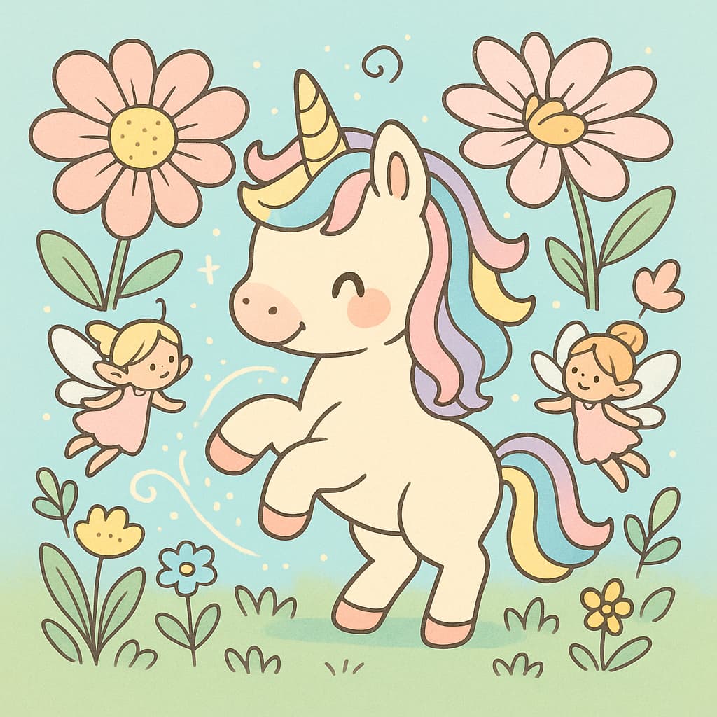 Unicorn and fairies in bloom, whimsical coloring image