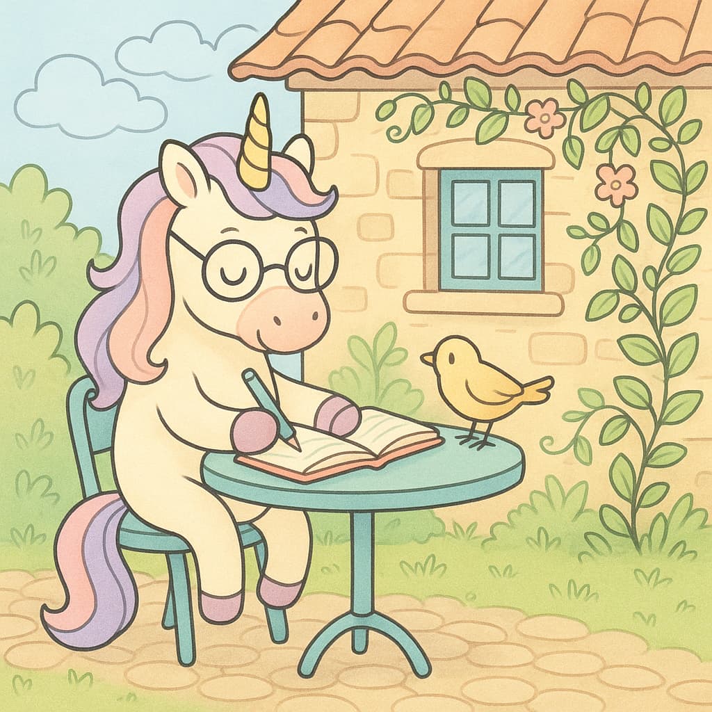 Cozy patio writing coloring idea with glasses and bird