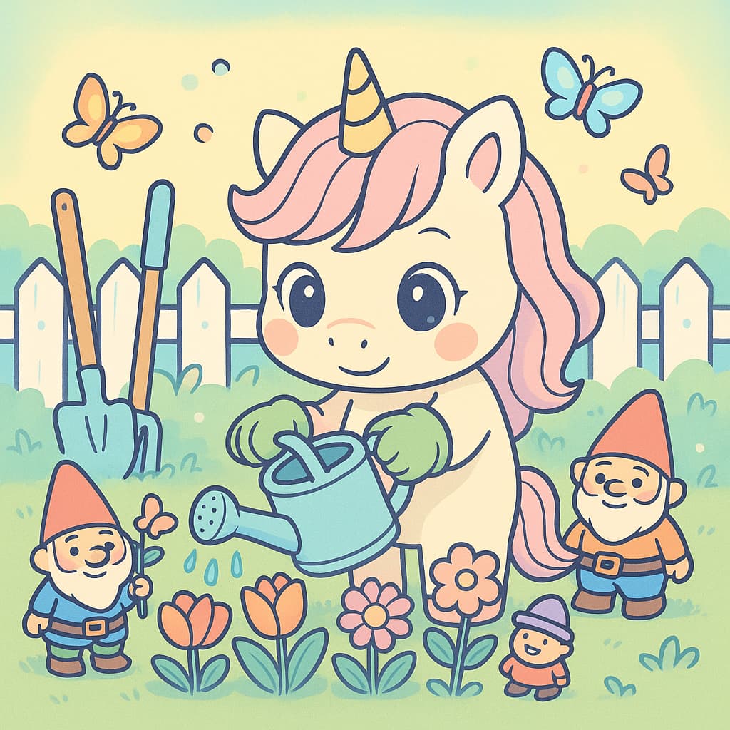 Backyard coloring picture of unicorn, flowers, and friends