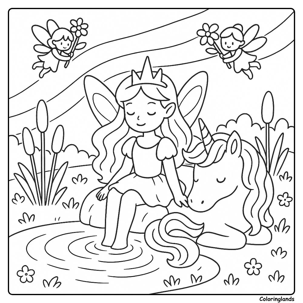 Soothing coloring idea of a fairy princess with unicorn
