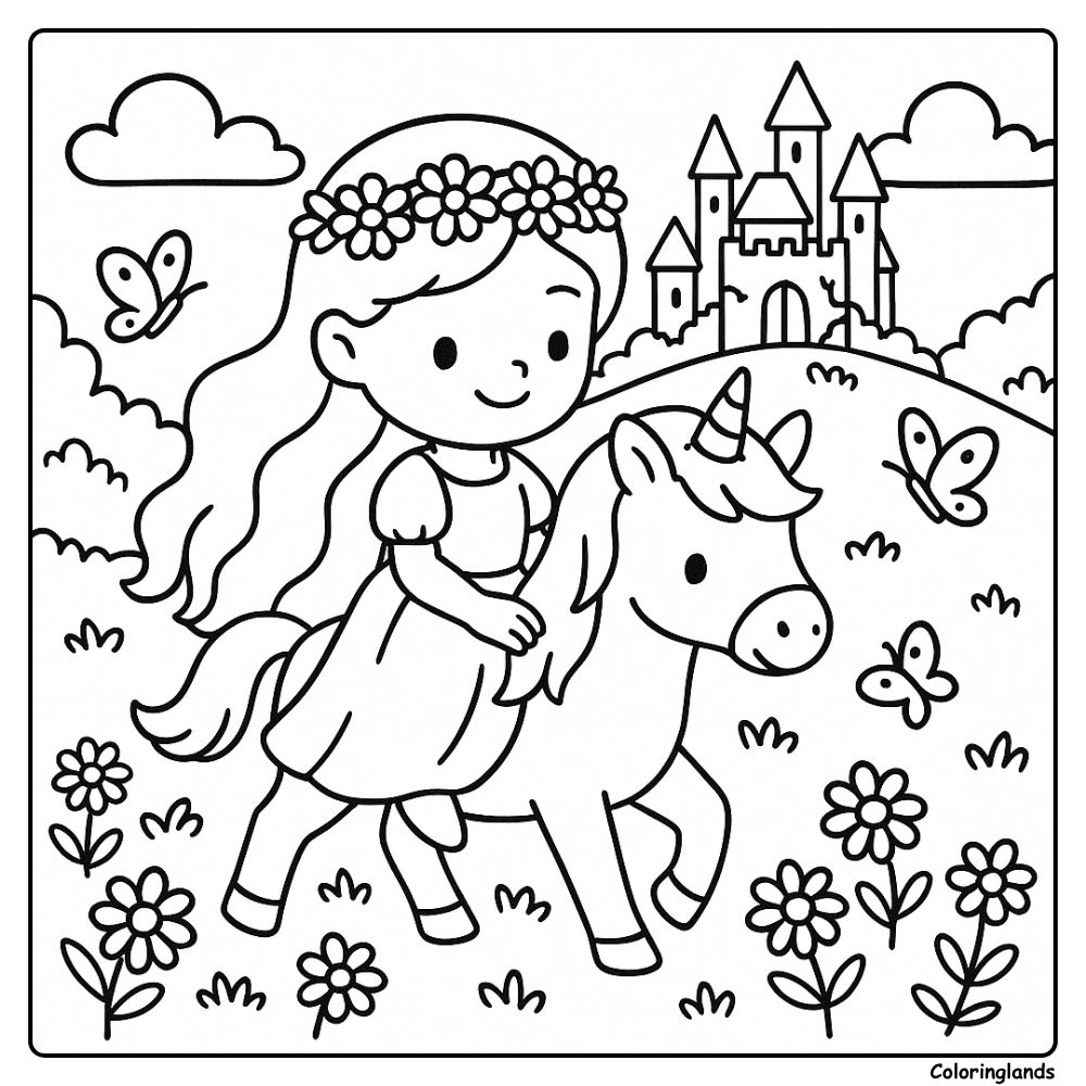 Castle hill coloring picture with a girl on gentle unicorn
