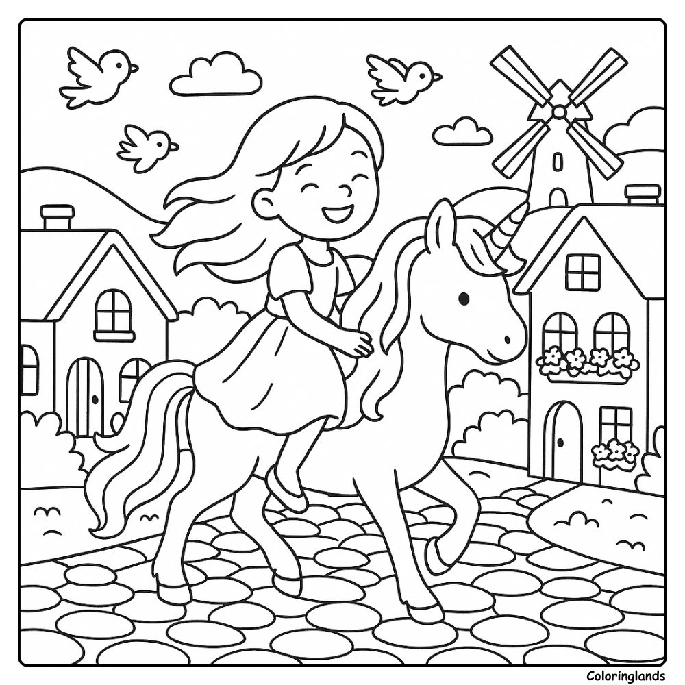 Charming village scene coloring image of a girl on unicorn